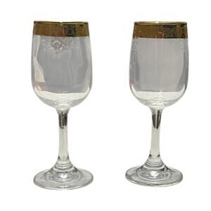 Vintage Wine Glasses Gold Rim Delicate Etched Floral Scroll Stemware Set of 2